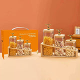 3-Piece Square Glass Storage Jar Set with Bamboo Stand & Golden Deer Knobs