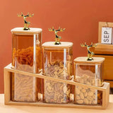 3-Piece Square Glass Storage Jar Set with Bamboo Stand & Golden Deer Knobs