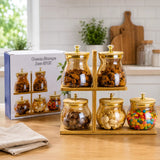 5-Piece Ocean Glass Storage Jar Set with 2 Tier Bamboo Stand & Crystal Knob Lids