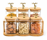 6-Piece Square Glass Storage Jar Set with Bamboo Rack & Golden Deer Knobs
