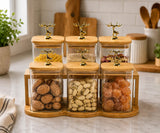 6-Piece Square Glass Storage Jar Set with Bamboo Rack & Golden Deer Knobs