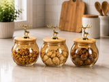 3-Piece Amber Glass Dry Fruit Jar Set with Bamboo Lids & Golden Deer Handles