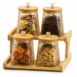 4-Piece Textured Glass Storage Jar Set with 2-Tier Bamboo Stand