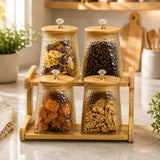 4-Piece Textured Glass Storage Jar Set with 2-Tier Bamboo Stand
