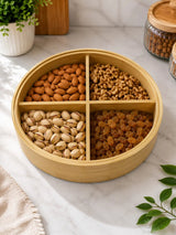 Round Bamboo Dry Fruit & Snack Serving Box with 4 Compartments & Lid