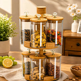 8-Piece Rotating Glass Storage Jar Set with Bamboo Stand & Crystal Knobs