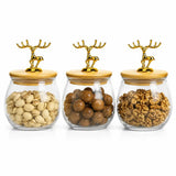 3-Piece Glass Dry Fruit Storage Jar Set with Bamboo Lids & Golden Deer Handles SparkelsSparkels