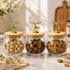 3-Piece Glass Dry Fruit Storage Jar Set with Bamboo Lids & Golden Deer Handles