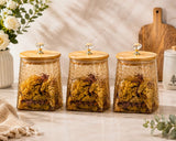 3-Piece Premium Textured Glass Storage Jar Set with Bamboo Lids & Crystal Knobs