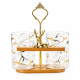 2-Piece Marble Glass Cutlery Holder with Bamboo Stand & Golden Deer Handle