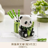 Cute Panda Ceramic Fork Holder with 5 Bamboo Forks