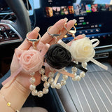 Pearl Rose Keychain Bracelet Elegant Ribbon Flower Charm Bag & Car Key Holder SparkelsSparkels