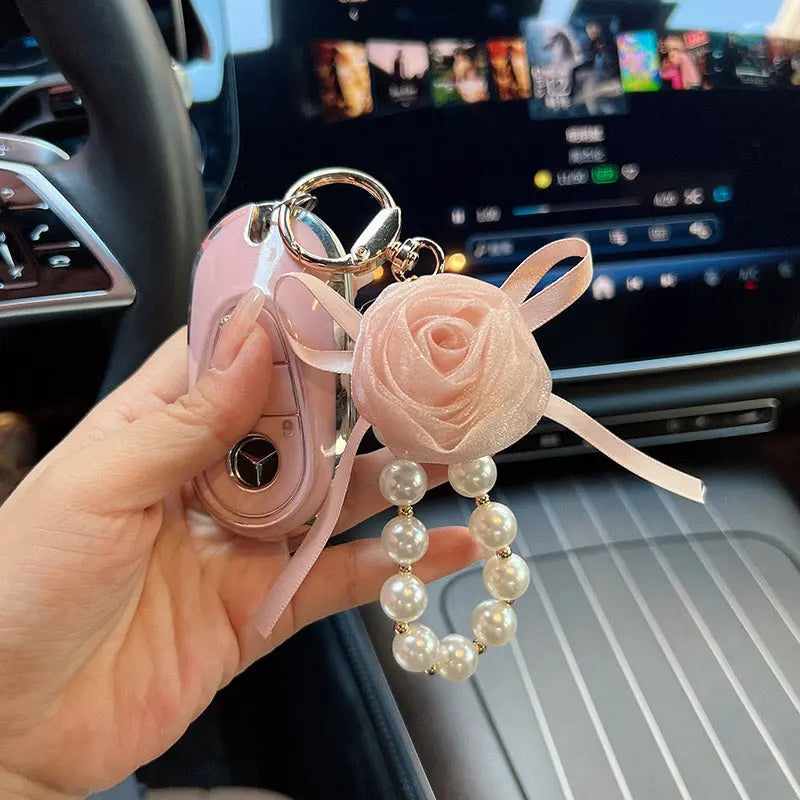 Pearl Rose Keychain Bracelet Elegant Ribbon Flower Charm Bag & Car Key Holder SparkelsSparkels