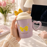 Cute Bow Ceramic Mug with Heart Handle, Lid & Spoon