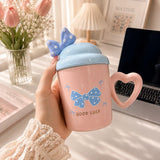 Cute Bow Ceramic Mug with Heart Handle, Lid & Spoon
