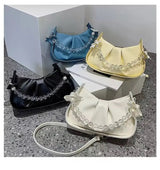 Trendy Pearl Strap Shoulder Bag for Women Cute Mini PU Leather Crossbody Handbag with Bow Charm SparkelsSparkels