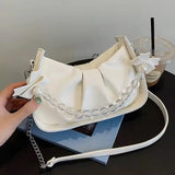 Trendy Pearl Strap Shoulder Bag for Women Cute Mini PU Leather Crossbody Handbag with Bow Charm SparkelsSparkels