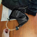 Trendy Pearl Strap Shoulder Bag for Women Cute Mini PU Leather Crossbody Handbag with Bow Charm SparkelsSparkels