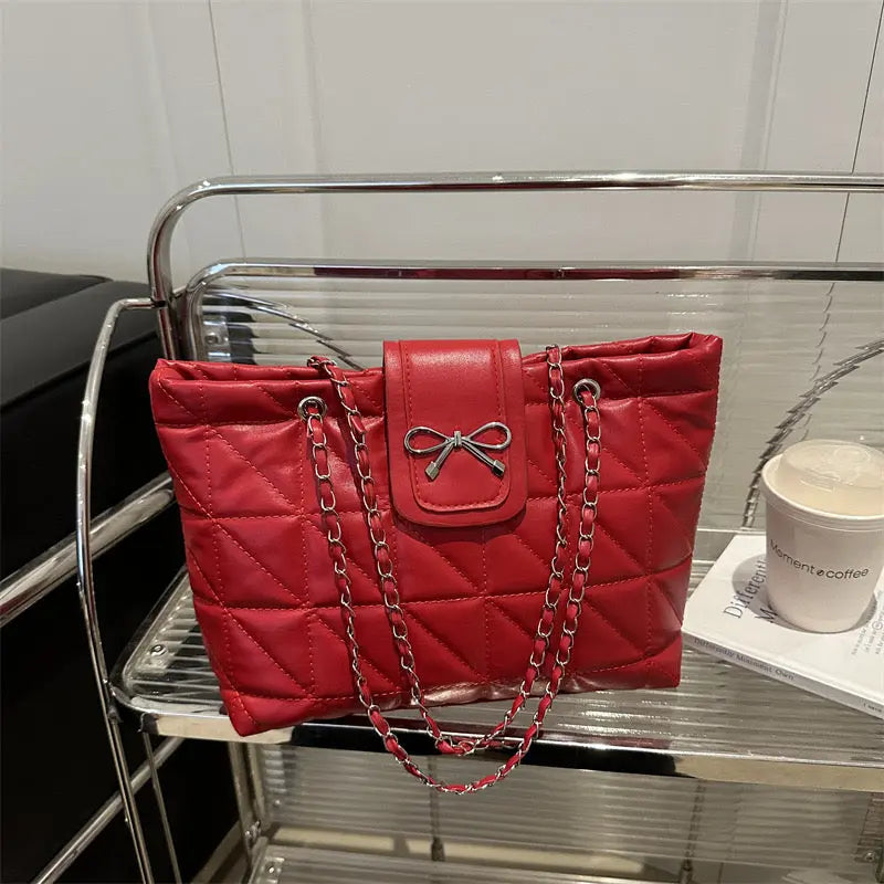 Elegant Quilted Bow Chain Tote Bag for Women Stylish Shoulder Handbag & Casual Carry Purse SparkelsSparkels