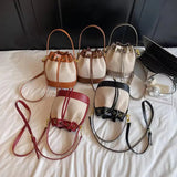 Vintage Canvas & PU Leather Bucket Bag Women’s Drawstring Crossbody Shoulder Handbag SparkelsSparkels