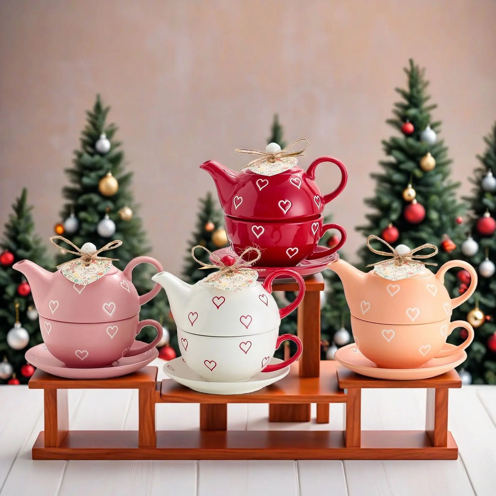 Heart Print Teapot & Cup Set With Saucer Ceramic Tea For One Gift Set