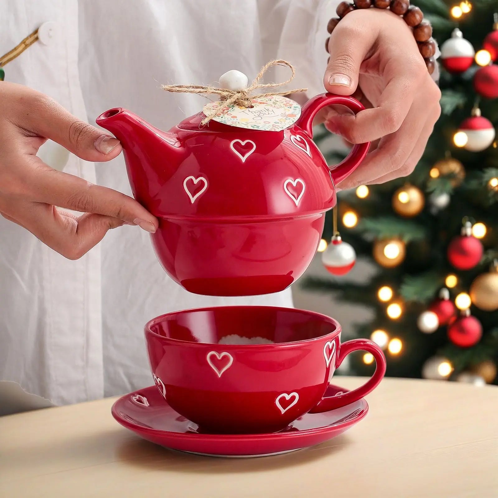 Heart Print Teapot & Cup Set With Saucer Ceramic Tea For One Gift Set