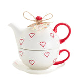 Heart Print Teapot & Cup Set With Saucer Ceramic Tea For One Gift Set