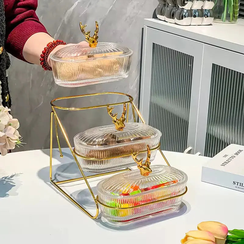 Luxury 3 Tier Glass Snack Storage Box with Golden Deer Lid Nordic Dessert Display & Candy Organizer Tray SparkelsSparkels