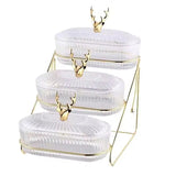 Luxury 3 Tier Glass Snack Storage Box with Golden Deer Lid Nordic Dessert Display & Candy Organizer Tray SparkelsSparkels