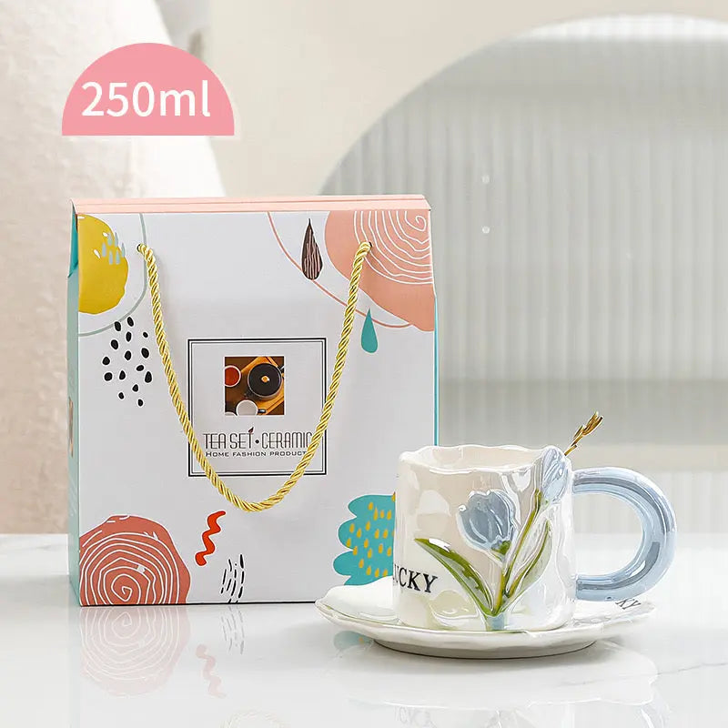 Vintage Tulip Ceramic Coffee Mug with Saucer Handmade Floral Tea Cup Set (250ml) SparkelsSparkels
