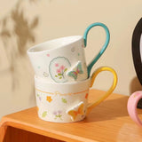 Floral Butterfly Ceramic Mug with Color Handle