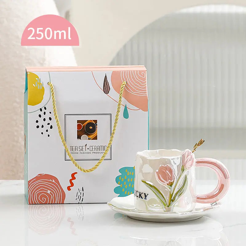 Vintage Tulip Ceramic Coffee Mug with Saucer Handmade Floral Tea Cup Set (250ml) SparkelsSparkels