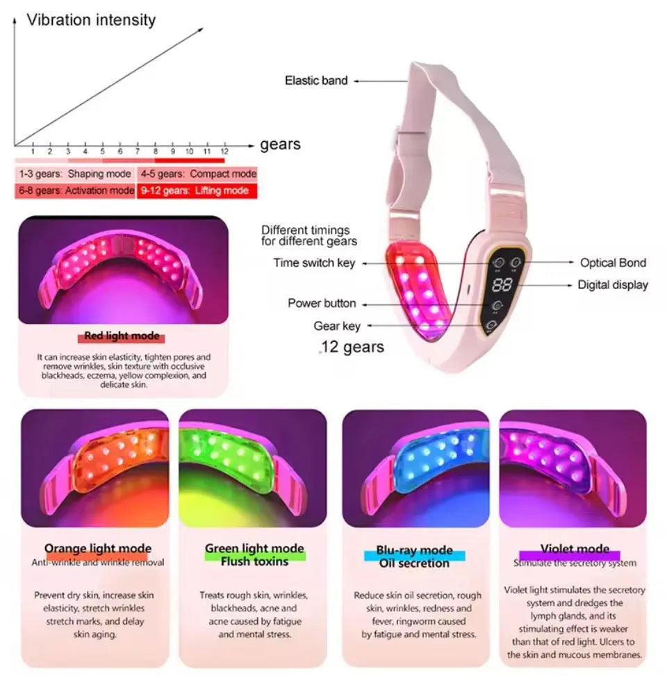 LED Photon Therapy Face Lifting Belt V-Shape Jawline Tightening, 12 Gear Vibration Massage & Hot Compress SparkelsSparkels