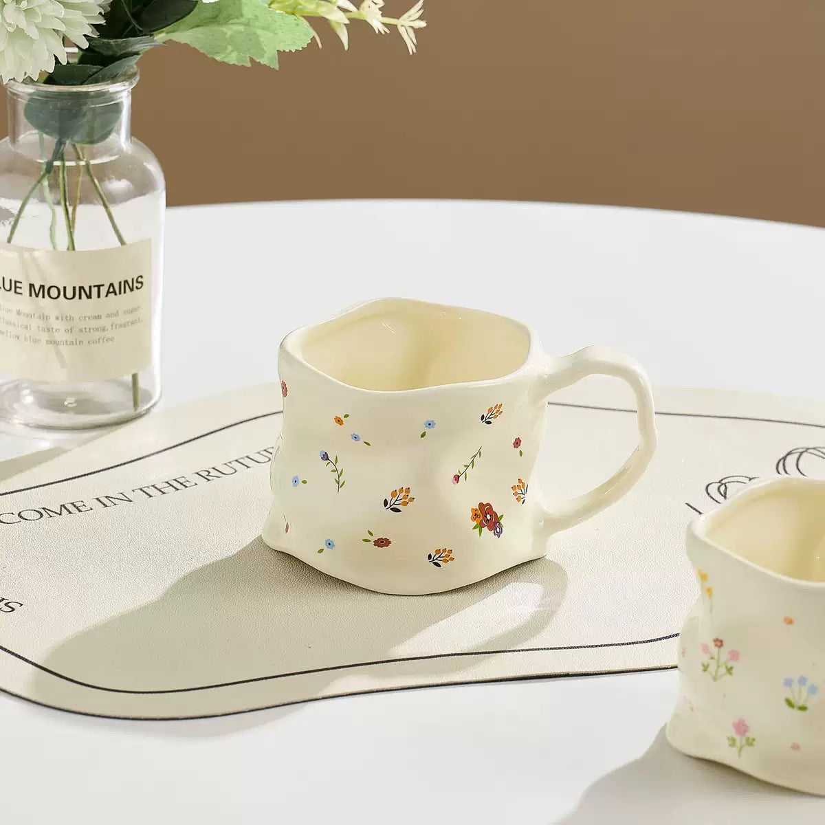 Handmade Floral Ceramic Mug 380ml Vintage Cottagecore Coffee Cup with Wavy Design SparkelsSparkels