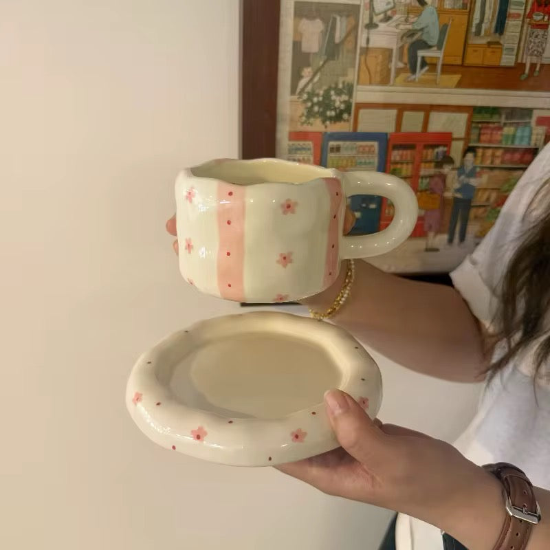 Handmade Pink Striped Ceramic Cup & Saucer Set 320ml Cute Floral Aesthetic Coffee & Tea Cup SparkelsSparkels
