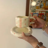 Handmade Pink Striped Ceramic Cup & Saucer Set 320ml Cute Floral Aesthetic Coffee & Tea Cup SparkelsSparkels