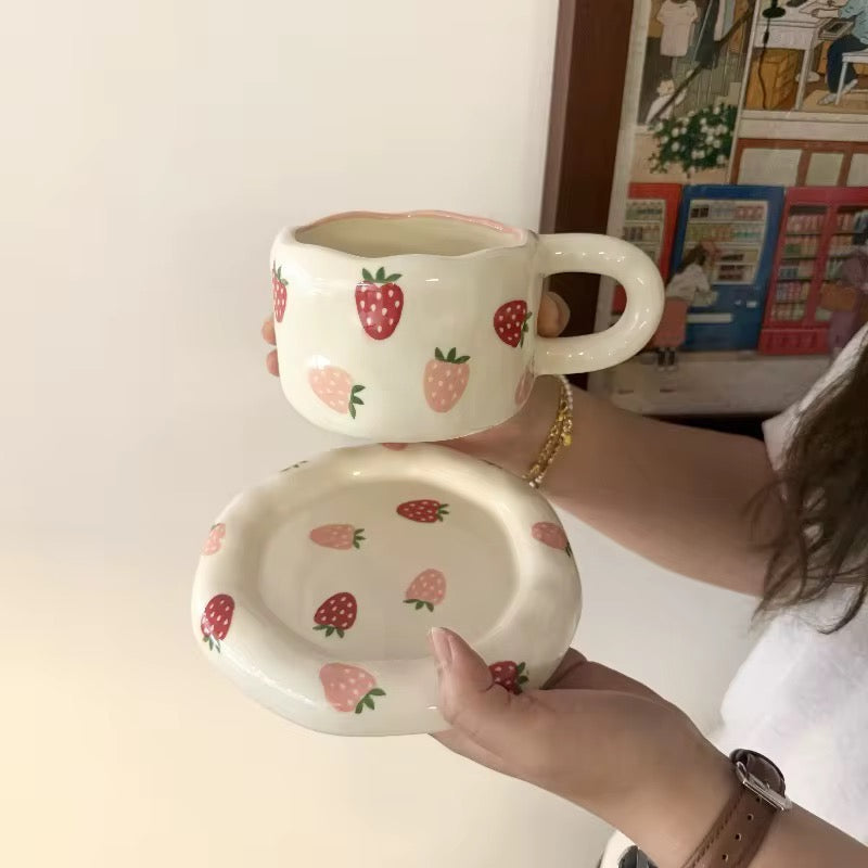 Handmade Strawberry Ceramic Cup & Saucer Set 320ml Cute Aesthetic Coffee & Tea Cup SparkelsSparkels