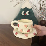 Handmade Strawberry Ceramic Cup & Saucer Set 320ml Cute Aesthetic Coffee & Tea Cup SparkelsSparkels