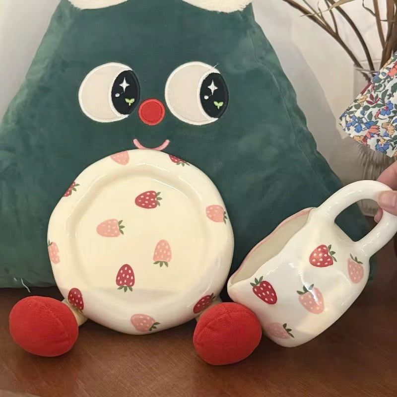 Handmade Strawberry Ceramic Cup & Saucer Set 320ml Cute Aesthetic Coffee & Tea Cup SparkelsSparkels