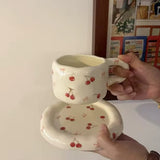 Handmade Cherry Ceramic Cup & Saucer Set 320ml Cute Aesthetic Coffee & Tea Cup SparkelsSparkels
