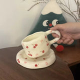 Handmade Cherry Ceramic Cup & Saucer Set 320ml Cute Aesthetic Coffee & Tea Cup SparkelsSparkels