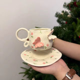 Handmade Butterfly Ceramic Cup & Saucer Set 270ml Cute Floral Aesthetic Coffee & Tea Cup SparkelsSparkels
