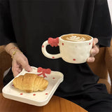 Handmade Red Bow Ceramic Mug & Snack Plate Set Cute Polka Dot Aesthetic Coffee Cup SparkelsSparkels