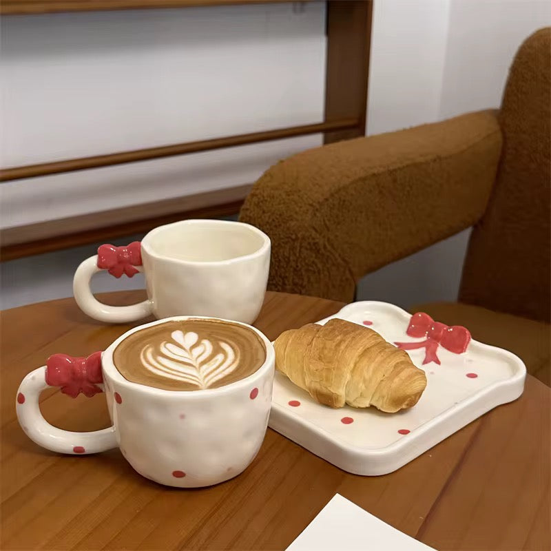 Handmade Red Bow Ceramic Mug & Snack Plate Set Cute Polka Dot Aesthetic Coffee Cup SparkelsSparkels