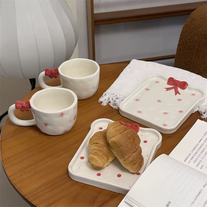 Handmade Red Bow Ceramic Mug & Snack Plate Set Cute Polka Dot Aesthetic Coffee Cup SparkelsSparkels