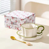 Modern Flower Shaped Ceramic Coffee Cup & Saucer Set Elegant Black Rim Latte & Tea Mug Set