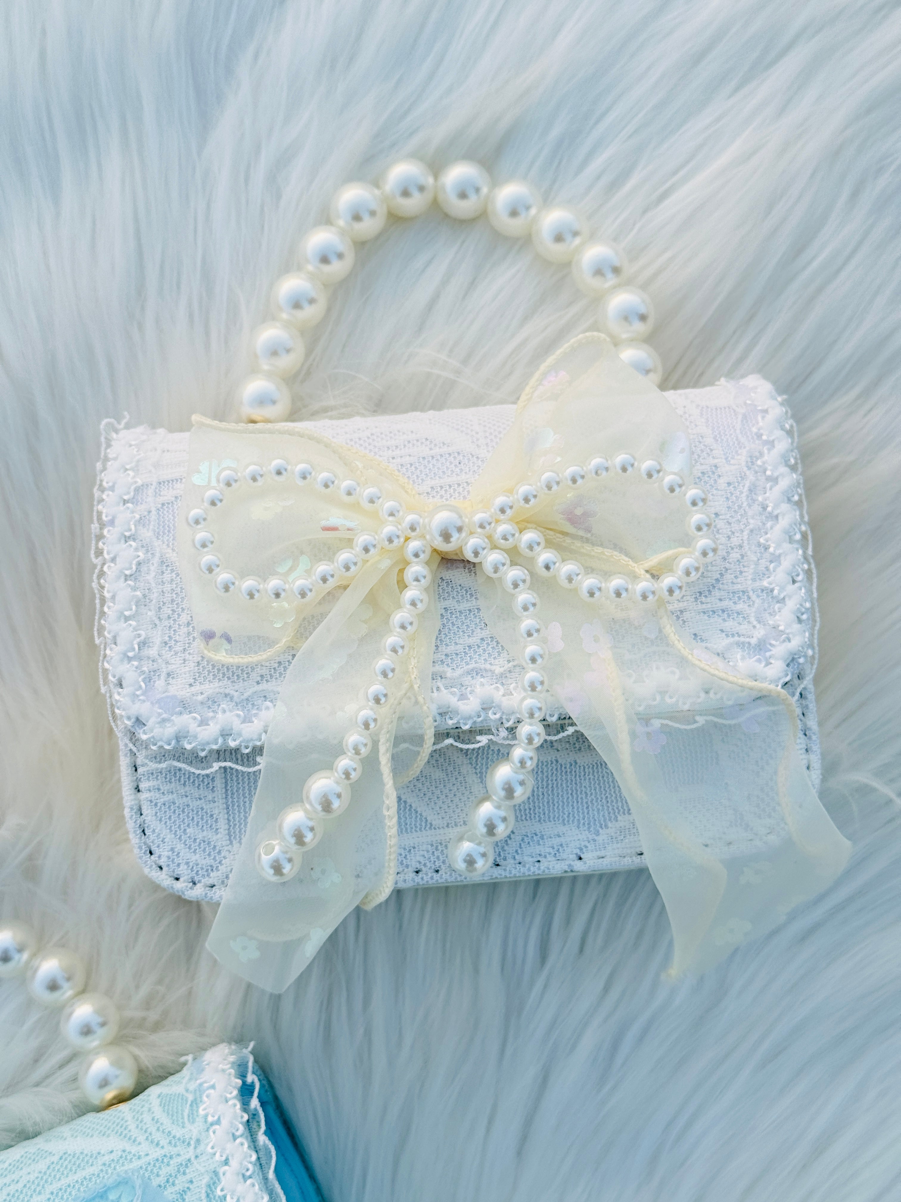 Pearl Handle Lace Bow Mini Handbag for Girls Cute Princess Shoulder PurseKorean Style Crossbody Bag