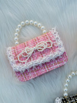 Pearl Handle Tweed Mini Handbag for GirlsLace Bow Shoulder Purse Cute Korean Style Crossbody Bag