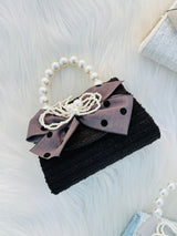 Pearl Handle Tweed Mini Handbag for Girls Bow Ribbon Crossbody Purse Cute Fashion Shoulder Bag