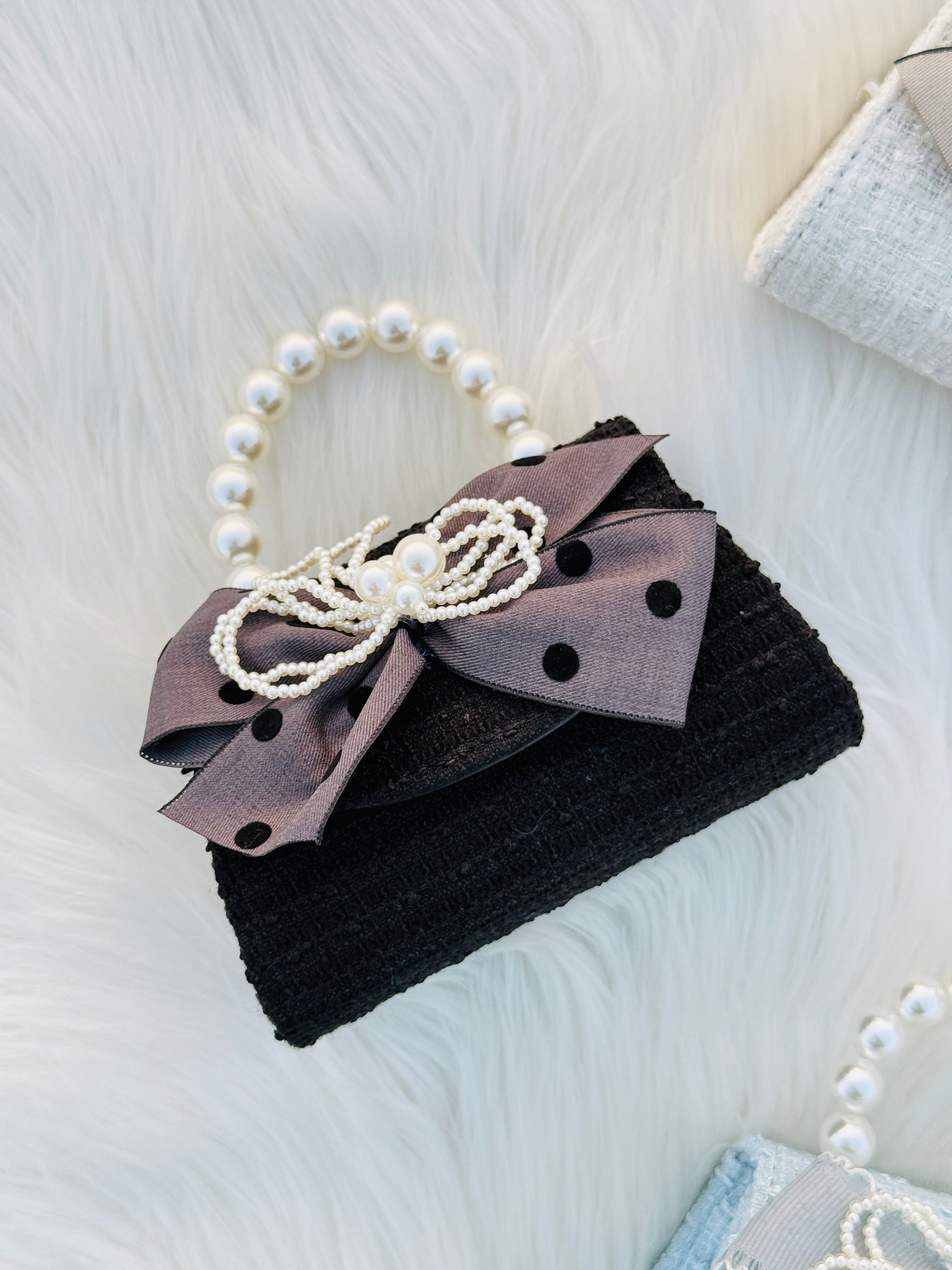 Pearl Handle Tweed Mini Handbag for Girls Bow Ribbon Crossbody Purse Cute Fashion Shoulder Bag